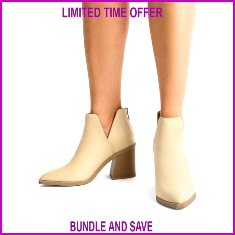 Faux Leather Chunky Heel Ankle Boots Pointed Toe Booties - Picture 6 of 7